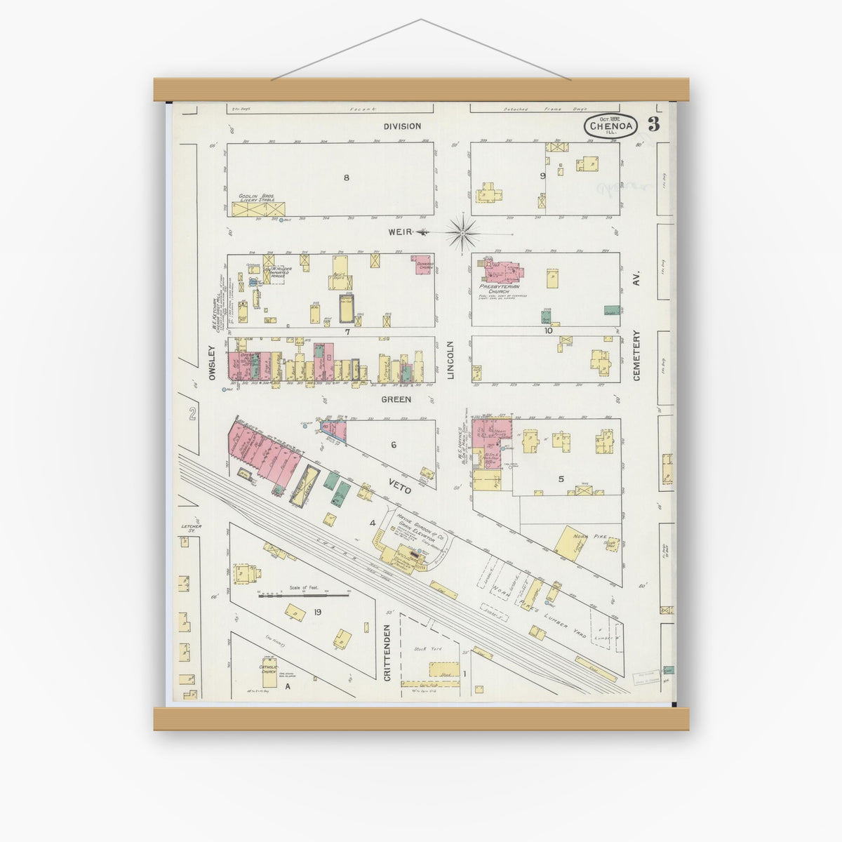 Old map wall art mockup — magnetic wood frame on white wall — Sanborn Fire Insurance Map from Chenoa, McLean County, Illinois (1892), Sheet #0003