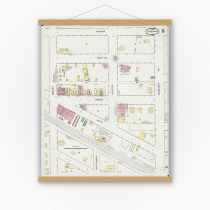 Old map wall art mockup — magnetic wood frame on white wall — Sanborn Fire Insurance Map from Chenoa, McLean County, Illinois (1892), Sheet #0003