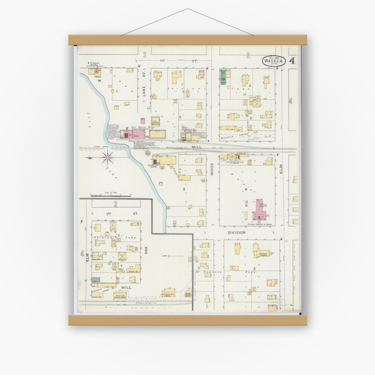 Old map wall art mockup — magnetic wood frame on white wall — Sanborn Fire Insurance Map from Waseca, Waseca County, Minnesota (1894), Sheet #0004
