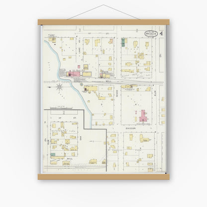Old map wall art mockup — magnetic wood frame on white wall — Sanborn Fire Insurance Map from Waseca, Waseca County, Minnesota (1894), Sheet #0004