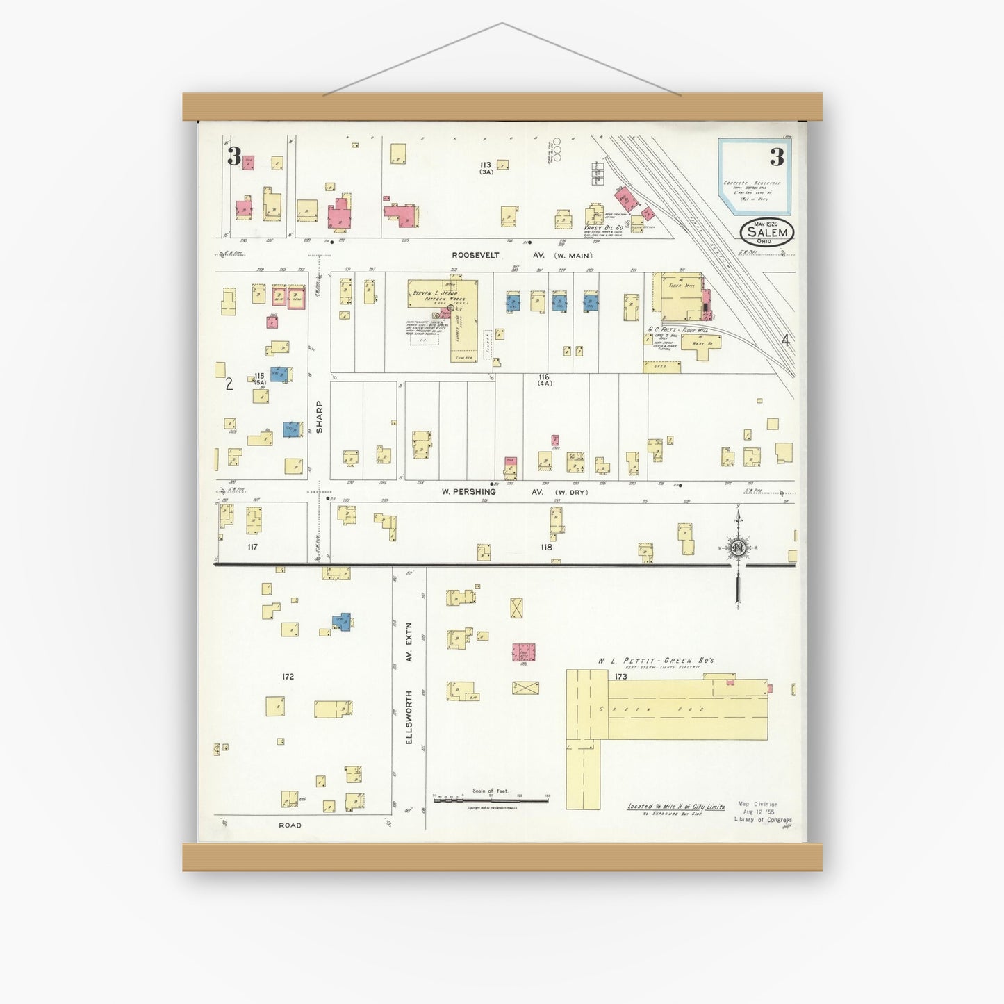 Old map wall art mockup — magnetic wood frame on white wall — Sanborn Fire Insurance Map from Salem, Columbiana County, Ohio (1926), Sheet #0003