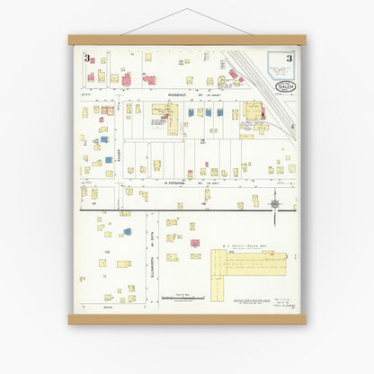 Old map wall art mockup — magnetic wood frame on white wall — Sanborn Fire Insurance Map from Salem, Columbiana County, Ohio (1926), Sheet #0003