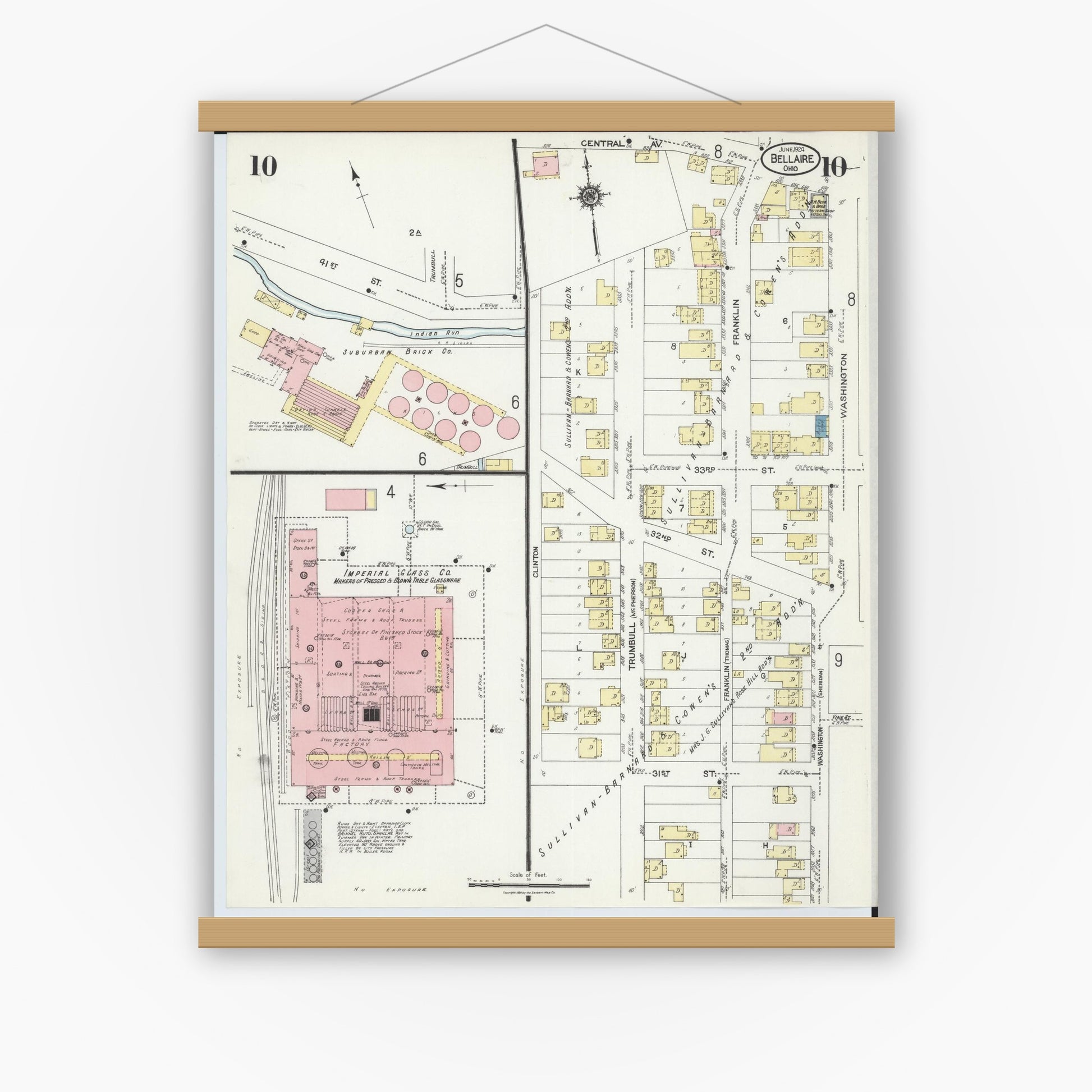 Old map wall art mockup — magnetic wood frame on white wall — Sanborn Fire Insurance Map from Bellaire, Belmont County, Ohio (1924), Sheet #0010