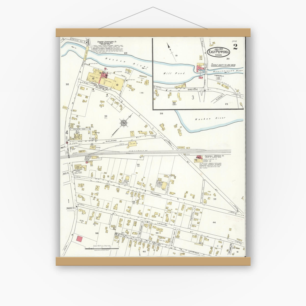 Old map wall art mockup — magnetic wood frame on white wall — Sanborn Fire Insurance Map from East Pepperell, Middlesex County, Massachusetts (1922), Sheet #0002