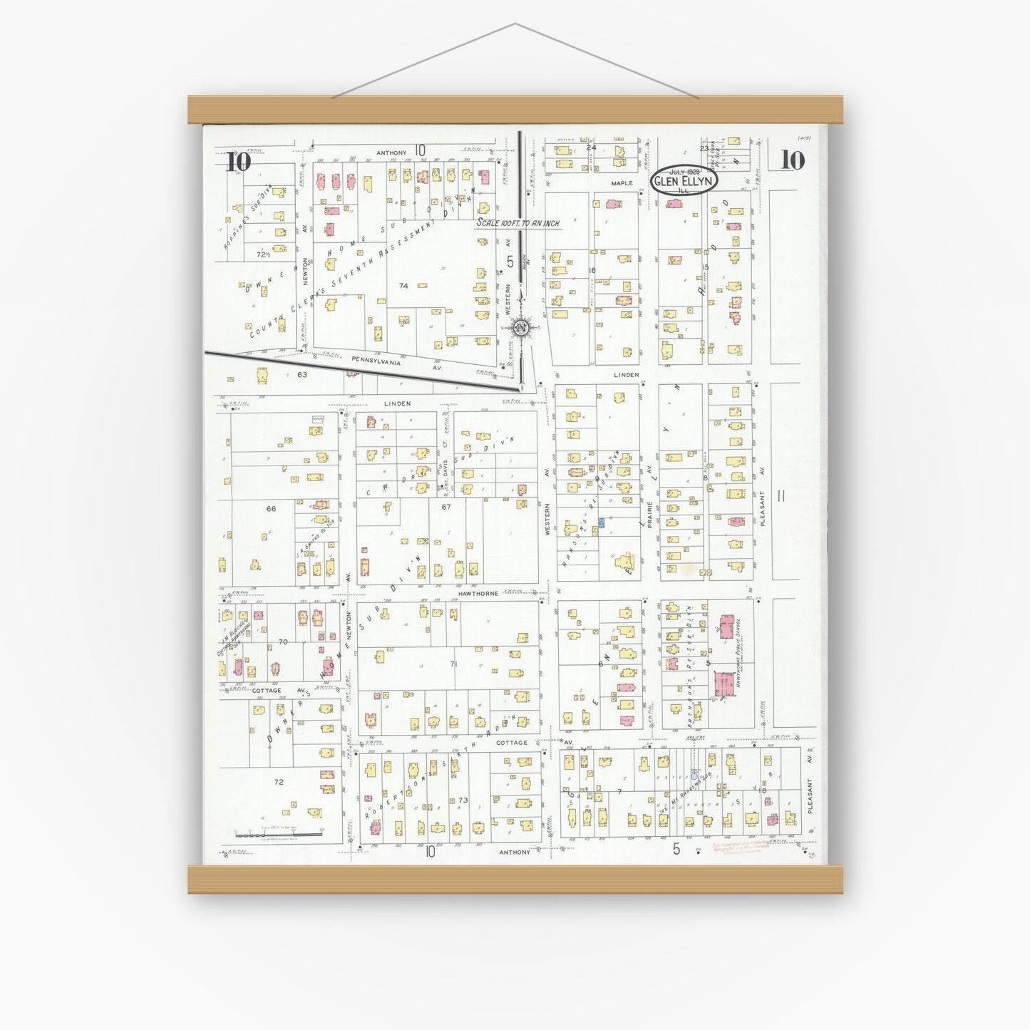 Old map wall art mockup — magnetic wood frame on white wall — Sanborn Fire Insurance Map from Glen Ellyn, Du Page County, Illinois (1929), Sheet #0010