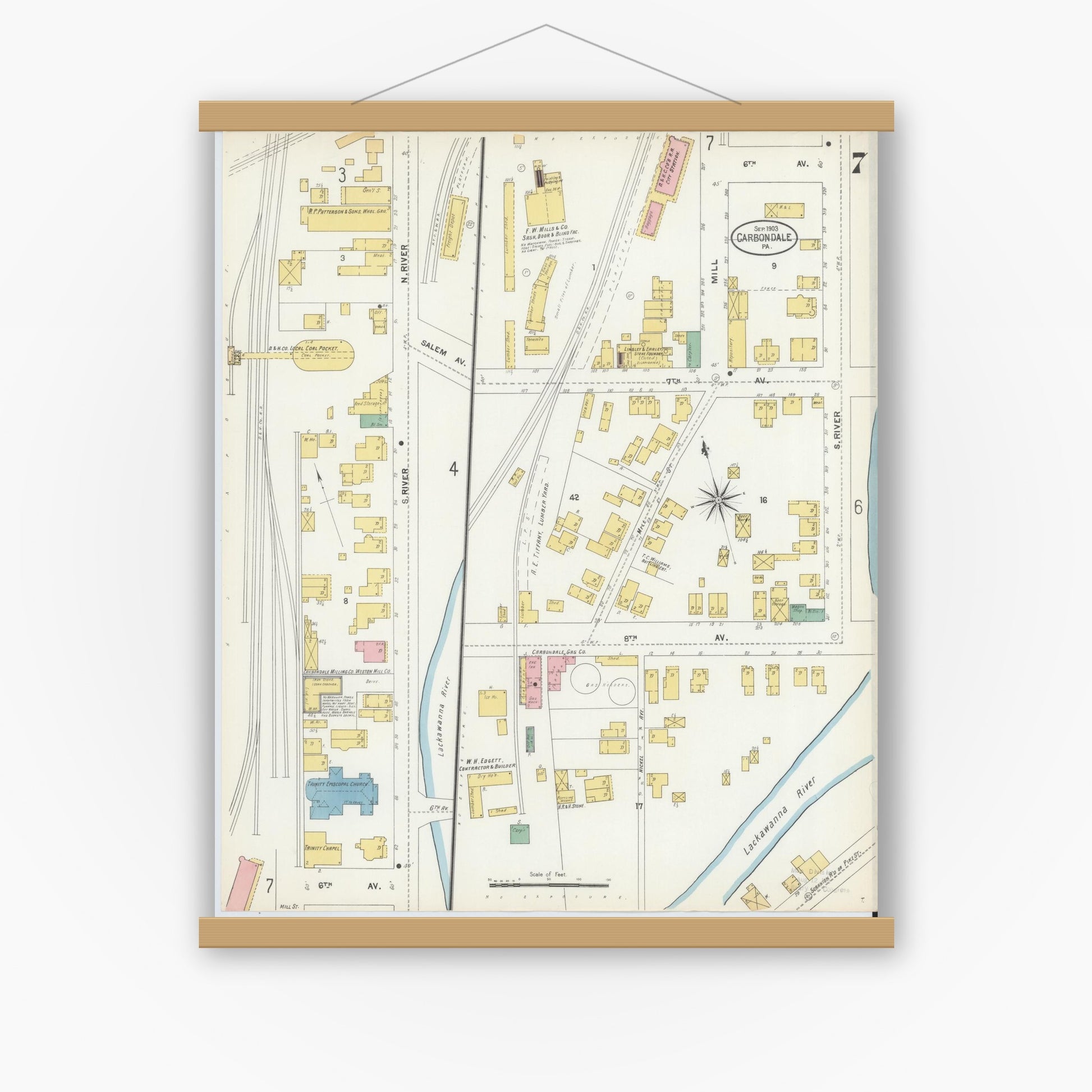 Old map wall art mockup — magnetic wood frame on white wall — Sanborn Fire Insurance Map from Carbondale, Lackawanna County, Pennsylvania (1903), Sheet #0007