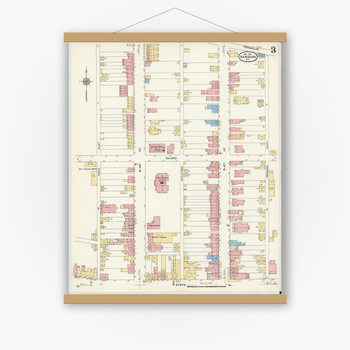 Old map wall art mockup — magnetic wood frame on white wall — Sanborn Fire Insurance Map from Hamburg, Berks County, Pennsylvania (1910), Sheet #0003