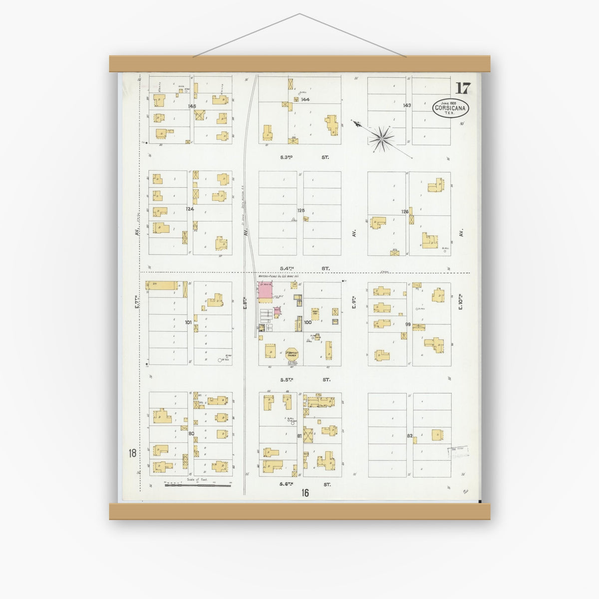 Old map wall art mockup — magnetic wood frame on white wall — Sanborn Fire Insurance Map from Corsicana, Navarro County, Texas (1905), Sheet #0017