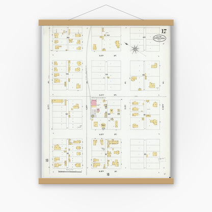Old map wall art mockup — magnetic wood frame on white wall — Sanborn Fire Insurance Map from Corsicana, Navarro County, Texas (1905), Sheet #0017
