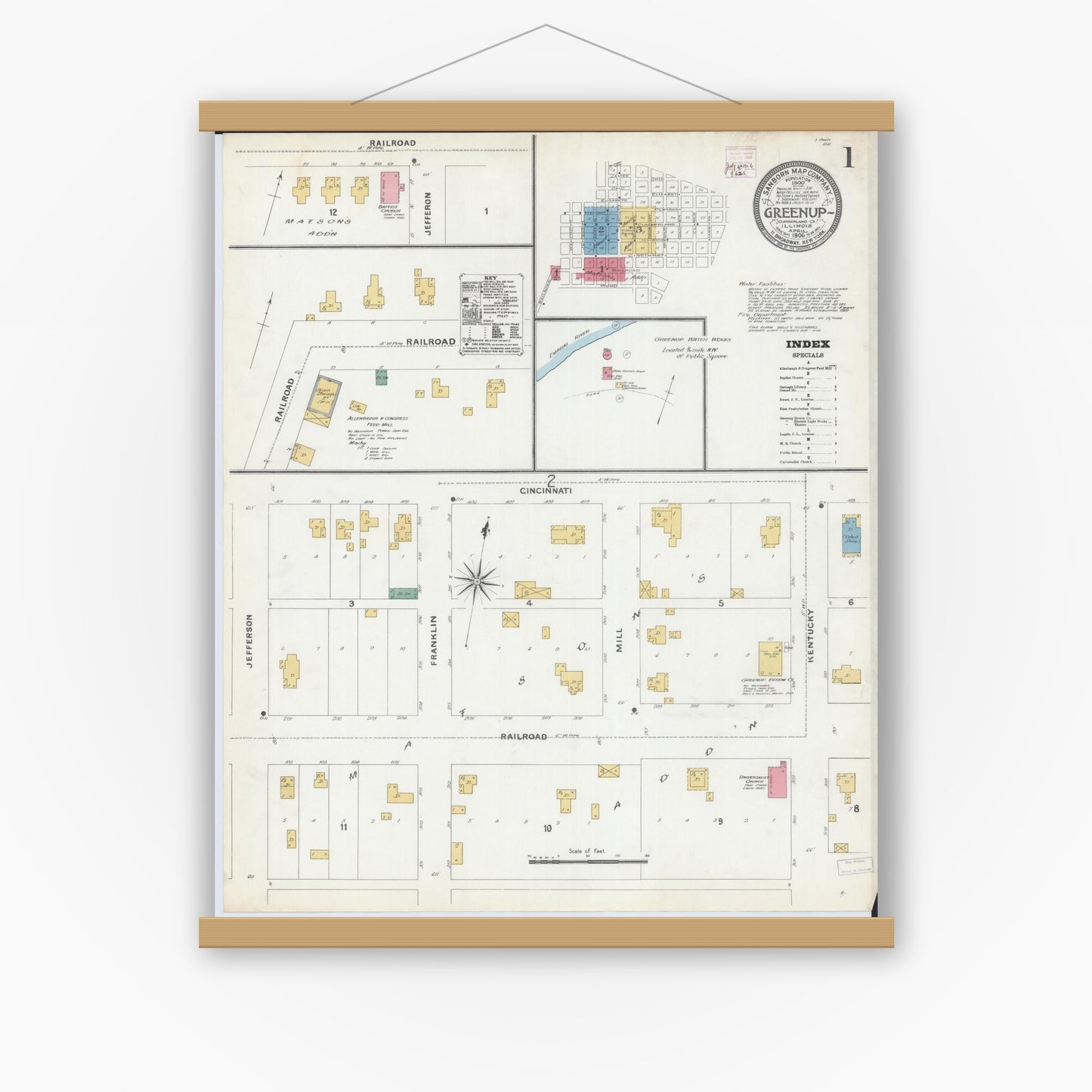 Old map wall art mockup — magnetic wood frame on white wall — Sanborn Fire Insurance Map from Greenup, Cumberland County, Illinois (1906) - Complete Map Set