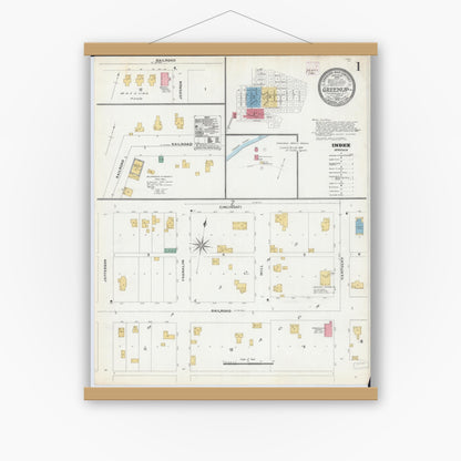 Old map wall art mockup — magnetic wood frame on white wall — Sanborn Fire Insurance Map from Greenup, Cumberland County, Illinois (1906) - Complete Map Set