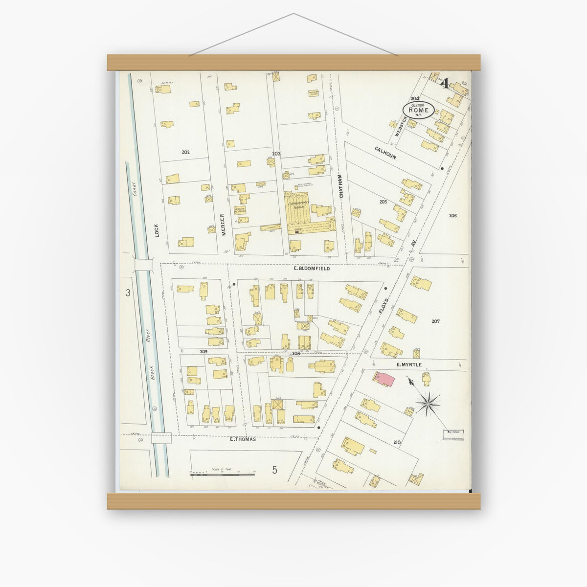Old map wall art mockup — magnetic wood frame on white wall — Sanborn Fire Insurance Map from Rome, Oneida County, New York (1899), Sheet #0004