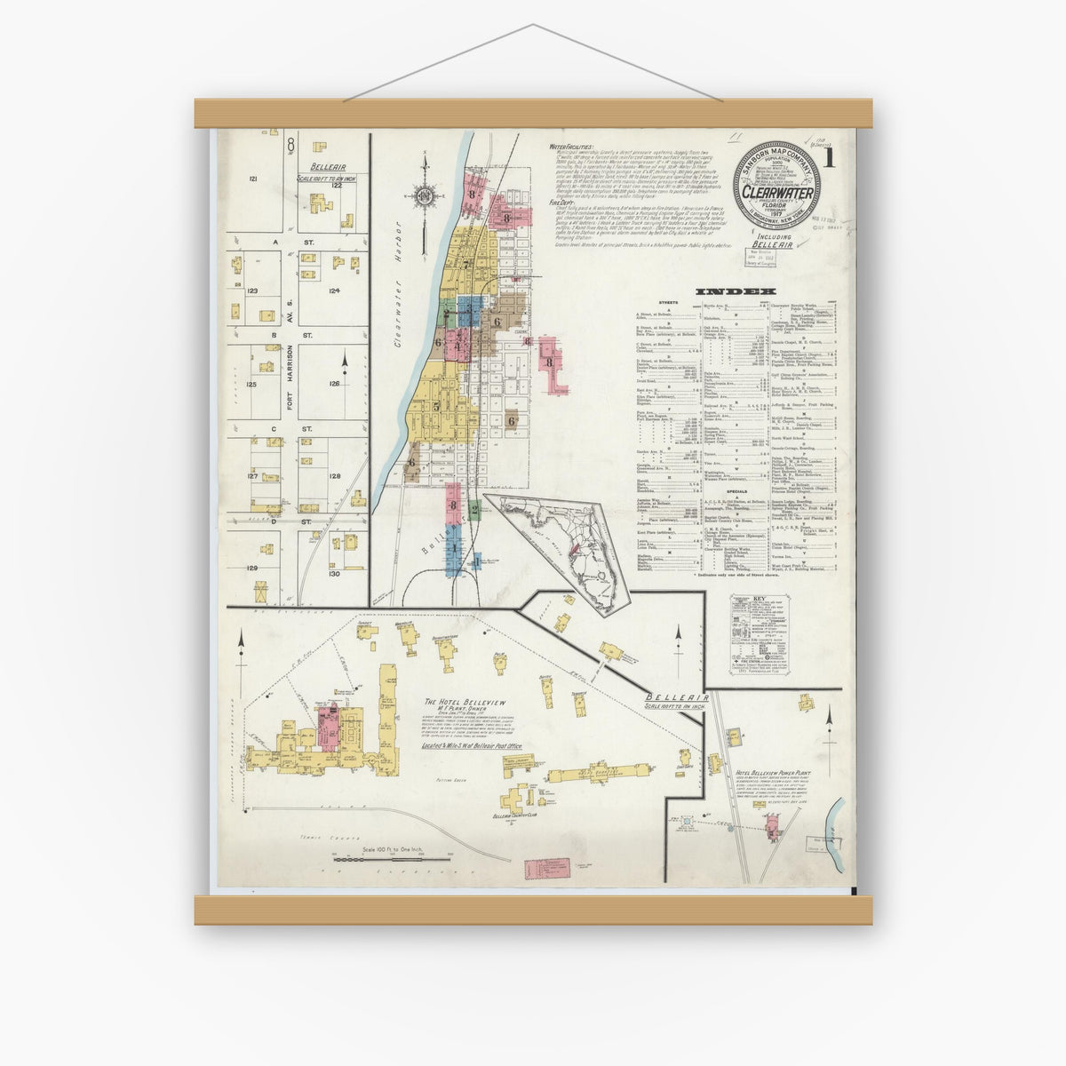 Old map wall art mockup — magnetic wood frame on white wall — Sanborn Fire Insurance Map from Clearwater, Pinellas County, Florida (1917), Sheet #0001