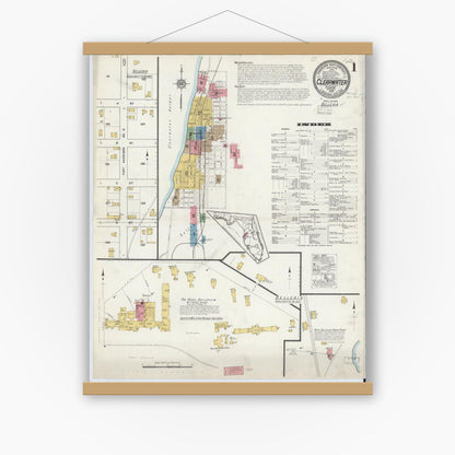 Old map wall art mockup — magnetic wood frame on white wall — Sanborn Fire Insurance Map from Clearwater, Pinellas County, Florida (1917), Sheet #0001