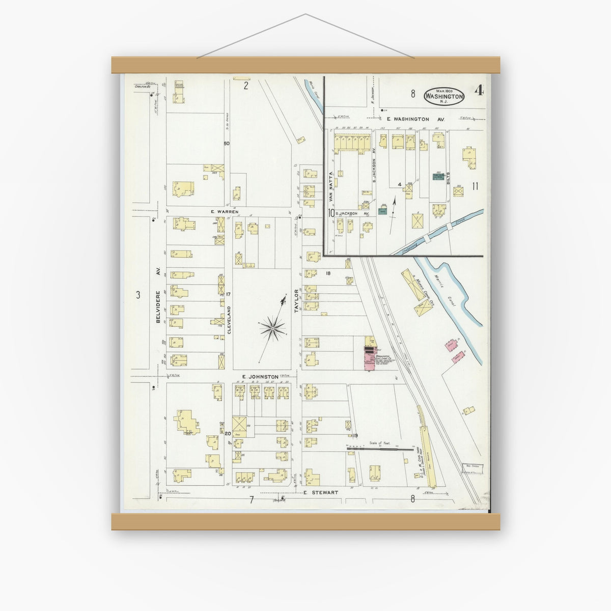 Old map wall art mockup — magnetic wood frame on white wall — Sanborn Fire Insurance Map from Washington, Warren County, New Jersey (1909), Sheet #0004