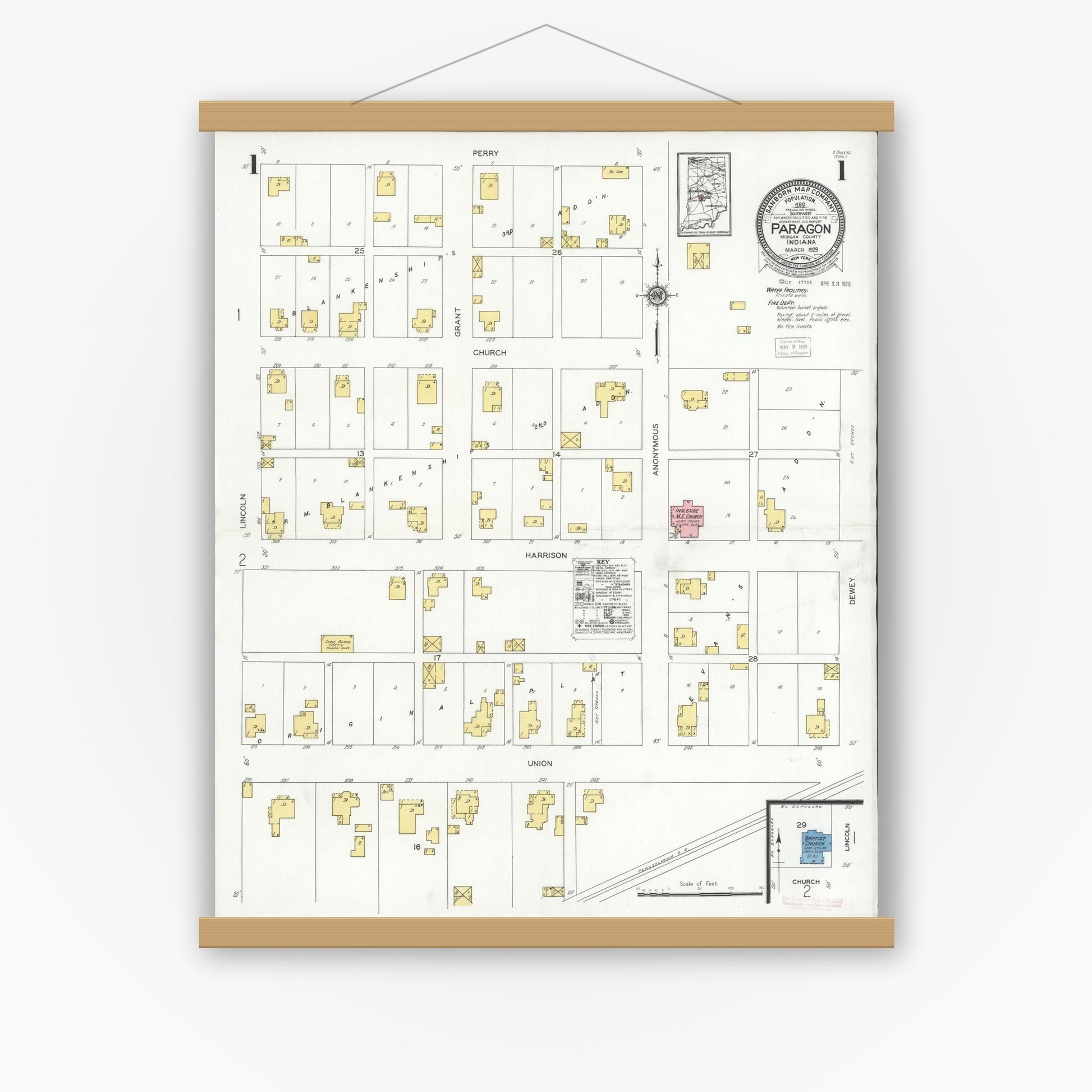 Old map wall art mockup — magnetic wood frame on white wall — Sanborn Fire Insurance Map from Paragon, Morgan County, Indiana (1929) - Complete Map Set