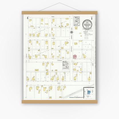 Old map wall art mockup — magnetic wood frame on white wall — Sanborn Fire Insurance Map from Paragon, Morgan County, Indiana (1929) - Complete Map Set