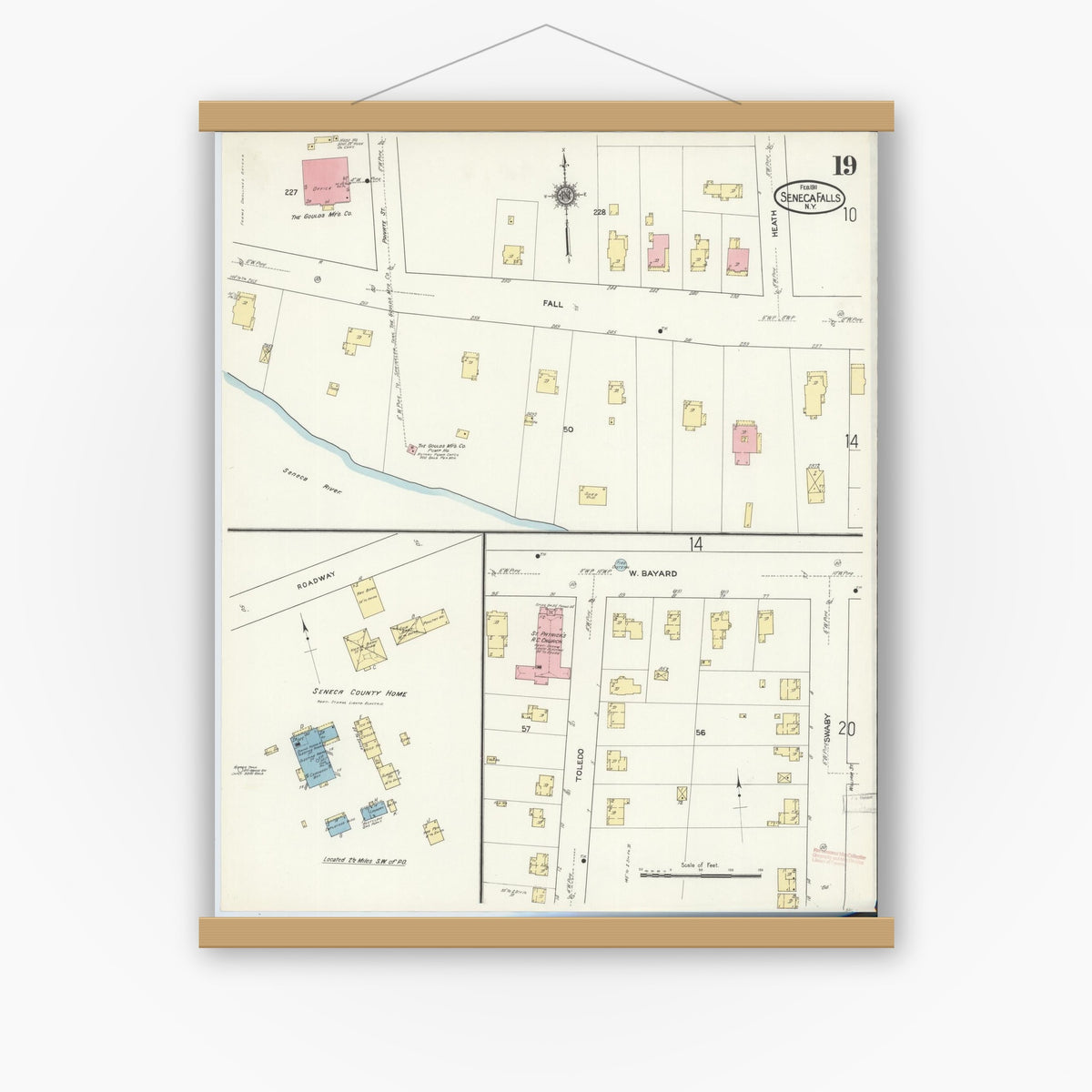 Old map wall art mockup — magnetic wood frame on white wall — Sanborn Fire Insurance Map from Seneca Falls, Seneca County, New York (1911), Sheet #0019