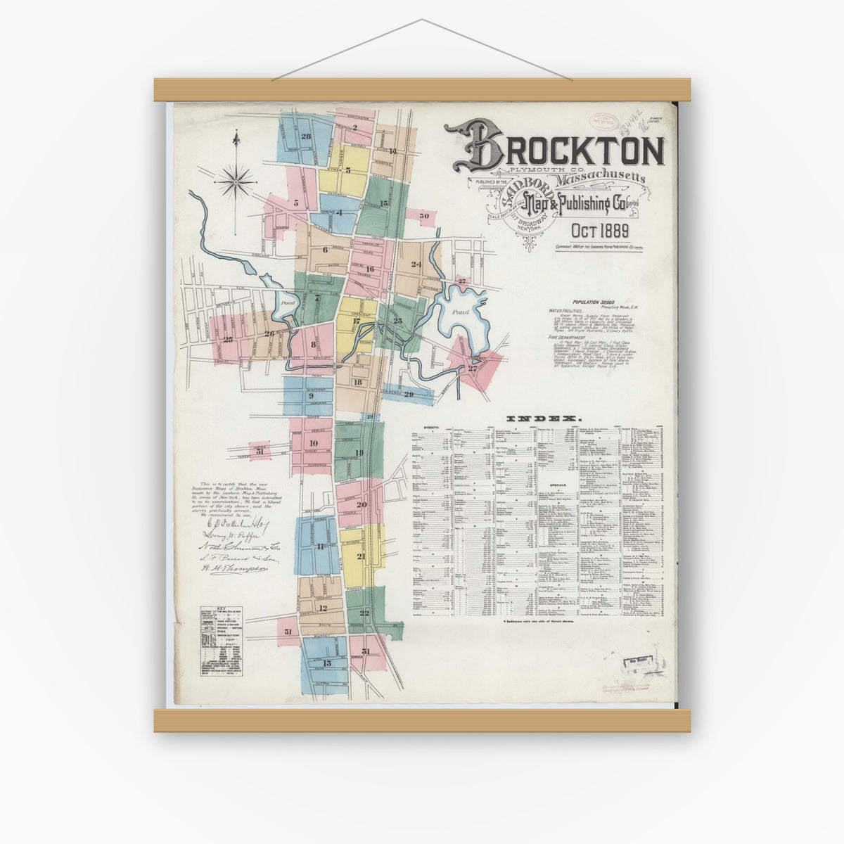 Old map wall art mockup — magnetic wood frame on white wall — Sanborn Fire Insurance Map from Brockton, Plymouth County, Massachusetts (1889) - Complete Map Set