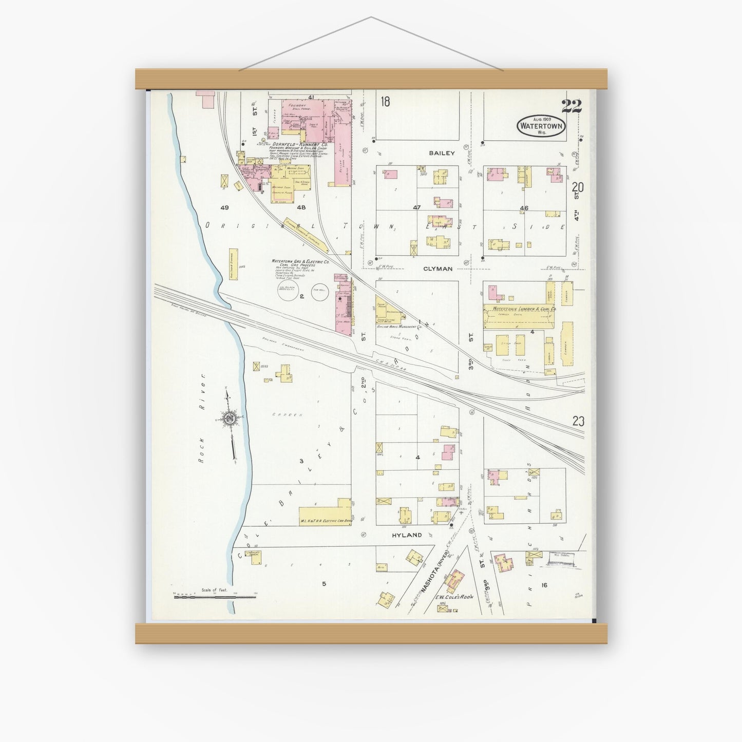 Old map wall art mockup — magnetic wood frame on white wall — Sanborn Fire Insurance Map from Watertown, Jefferson County, Wisconsin (1909), Sheet #0022