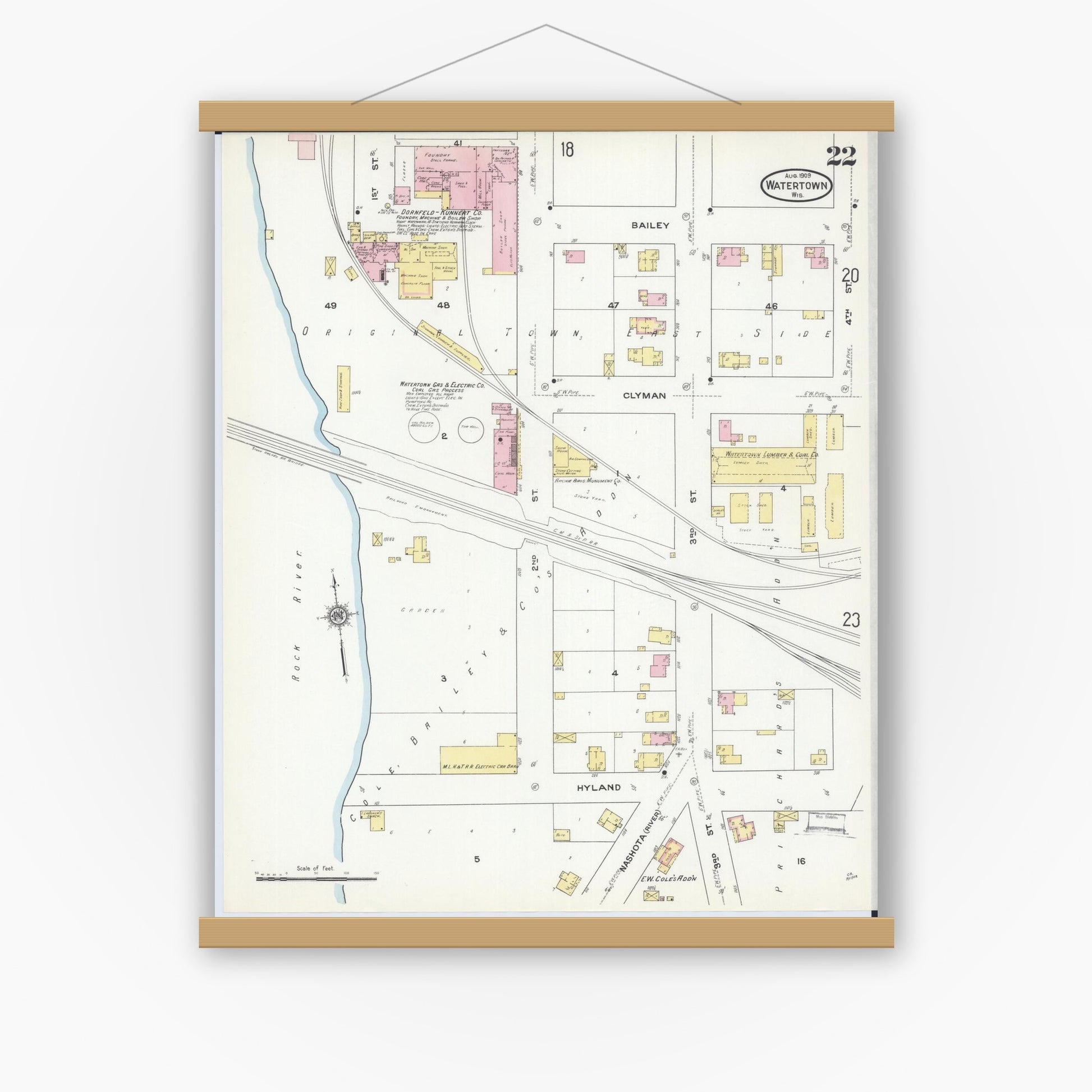 Old map wall art mockup — magnetic wood frame on white wall — Sanborn Fire Insurance Map from Watertown, Jefferson County, Wisconsin (1909), Sheet #0022