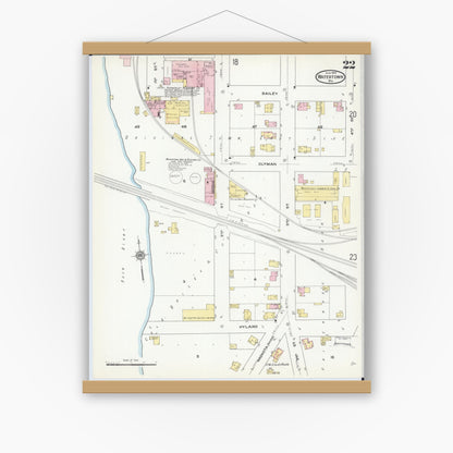 Old map wall art mockup — magnetic wood frame on white wall — Sanborn Fire Insurance Map from Watertown, Jefferson County, Wisconsin (1909), Sheet #0022