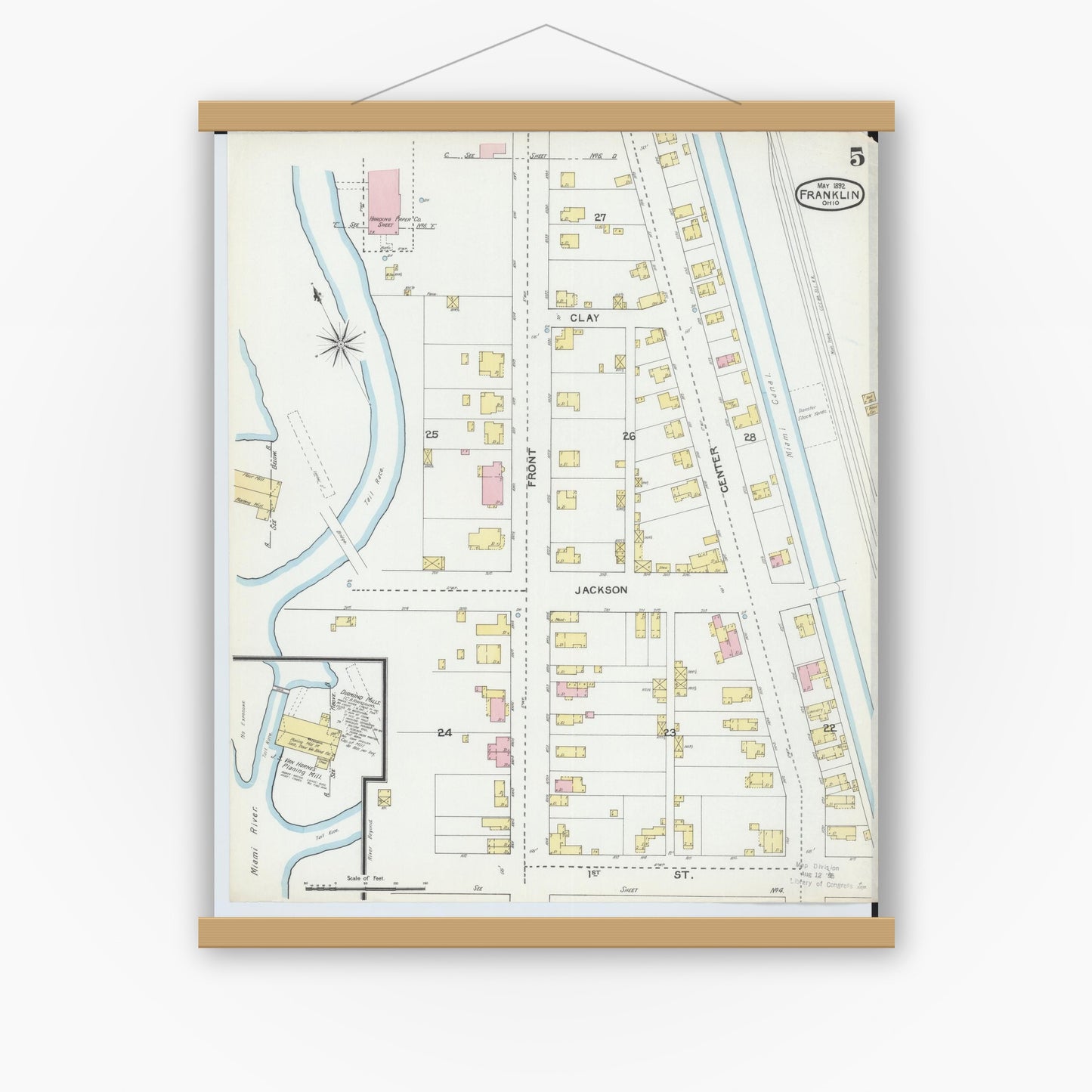 Old map wall art mockup — magnetic wood frame on white wall — Sanborn Fire Insurance Map from Franklin, Warren County, Ohio (1892), Sheet #0005