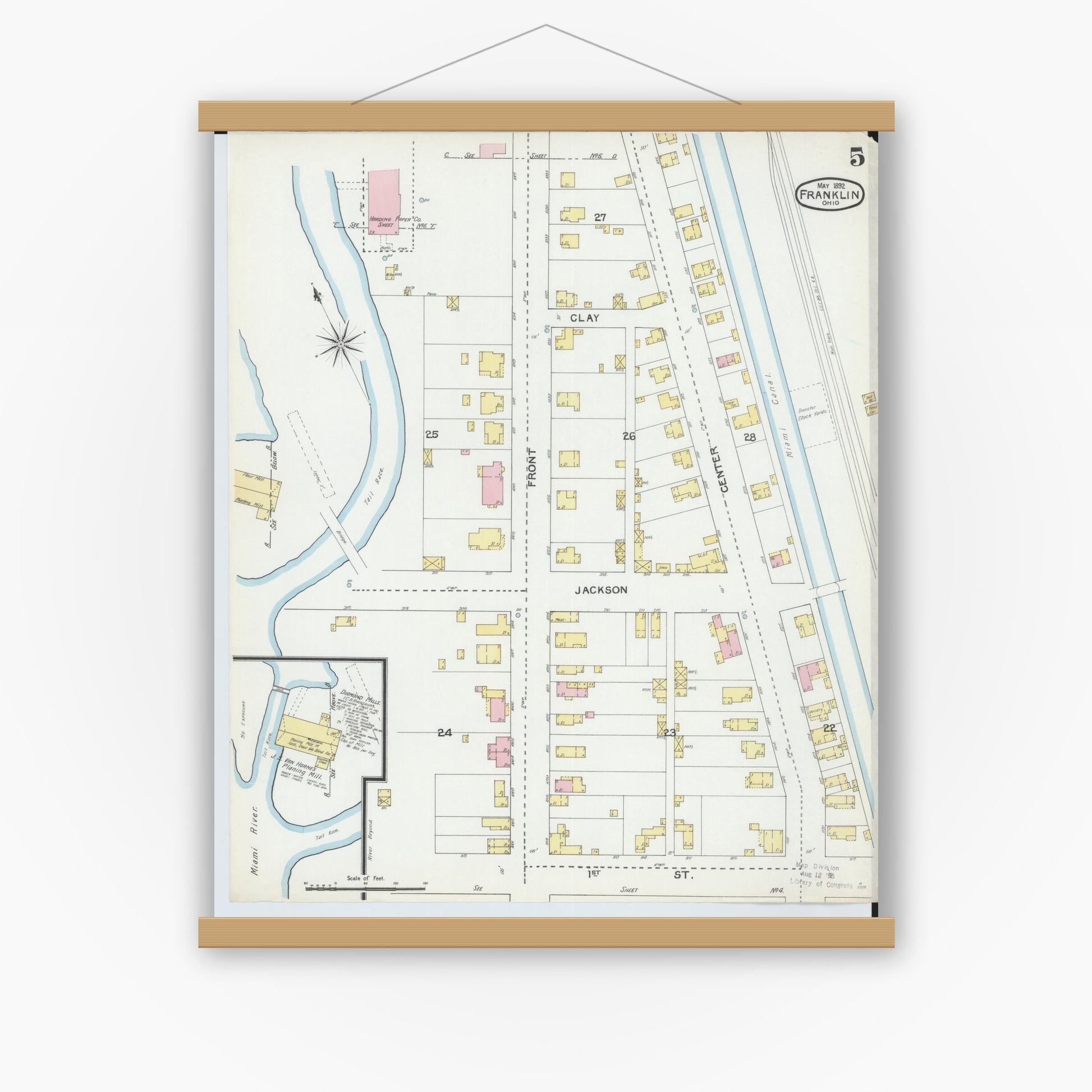 Old map wall art mockup — magnetic wood frame on white wall — Sanborn Fire Insurance Map from Franklin, Warren County, Ohio (1892), Sheet #0005
