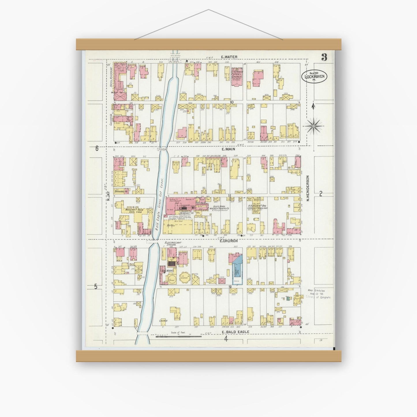 Old map wall art mockup — magnetic wood frame on white wall — Sanborn Fire Insurance Map from Lock Haven, Clinton County, Pennsylvania (1901), Sheet #0003