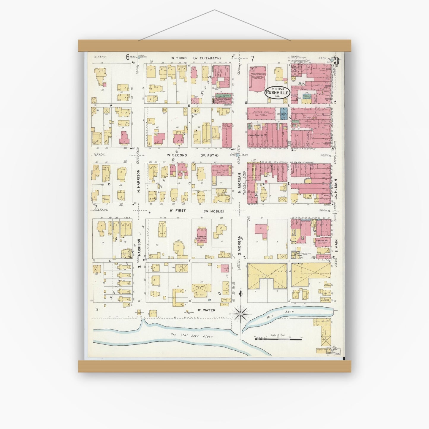 Old map wall art mockup — magnetic wood frame on white wall — Sanborn Fire Insurance Map from Rushville, Rush County, Indiana (1908), Sheet #0003
