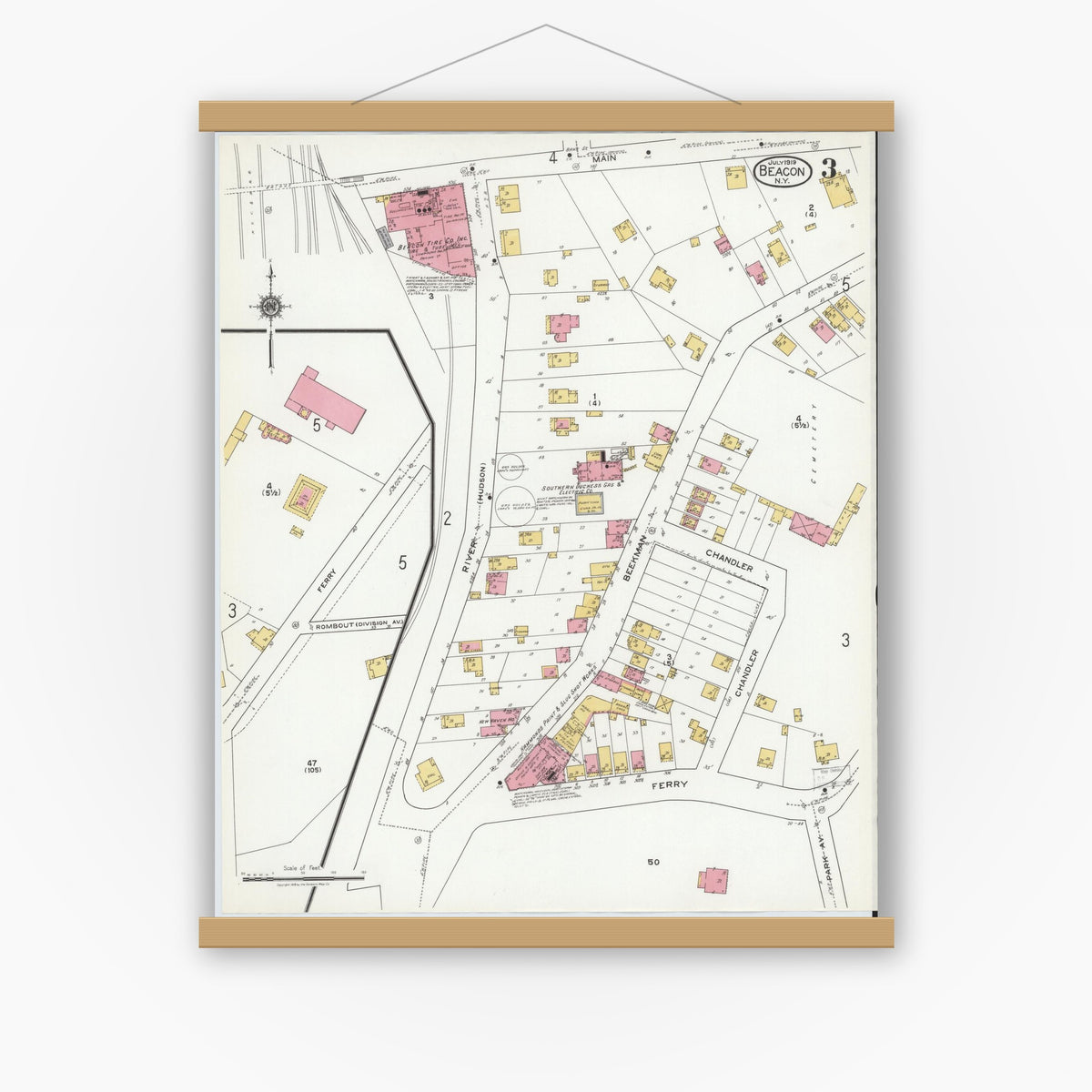 Old map wall art mockup — magnetic wood frame on white wall — Sanborn Fire Insurance Map from Beacon, Dutchess County, New York (1919), Sheet #0003