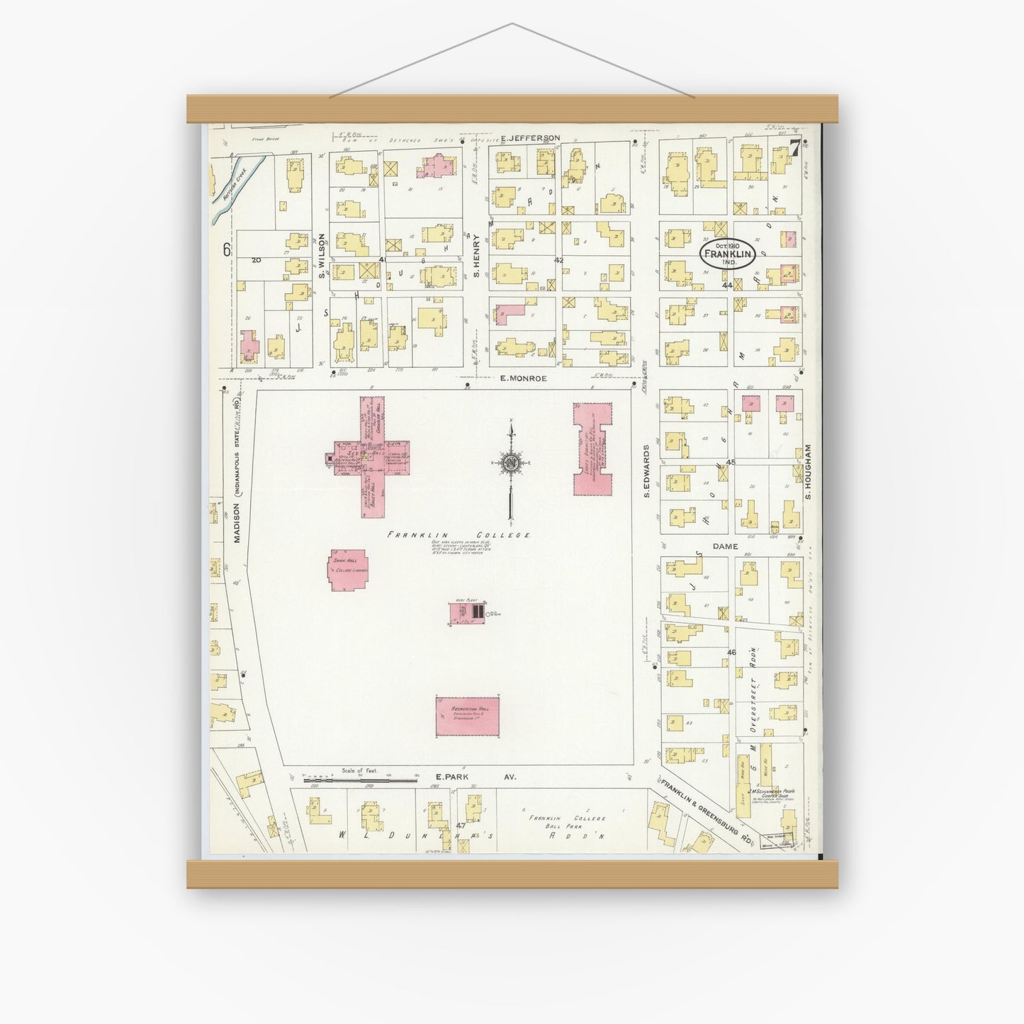 Old map wall art mockup — magnetic wood frame on white wall — Sanborn Fire Insurance Map from Franklin, Johnson County, Indiana (1910), Sheet #0007