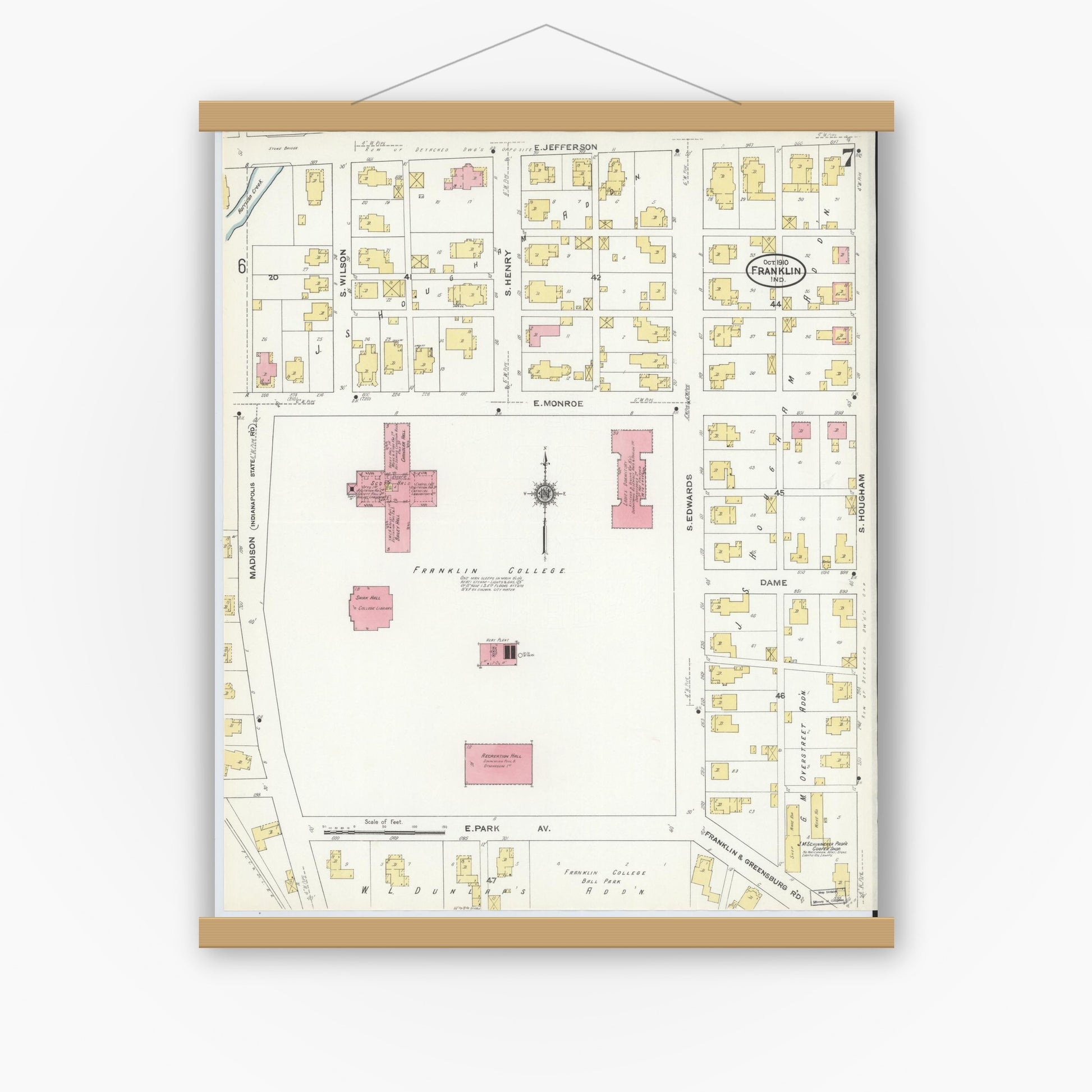 Old map wall art mockup — magnetic wood frame on white wall — Sanborn Fire Insurance Map from Franklin, Johnson County, Indiana (1910), Sheet #0007