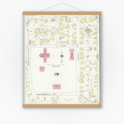 Old map wall art mockup — magnetic wood frame on white wall — Sanborn Fire Insurance Map from Franklin, Johnson County, Indiana (1910), Sheet #0007