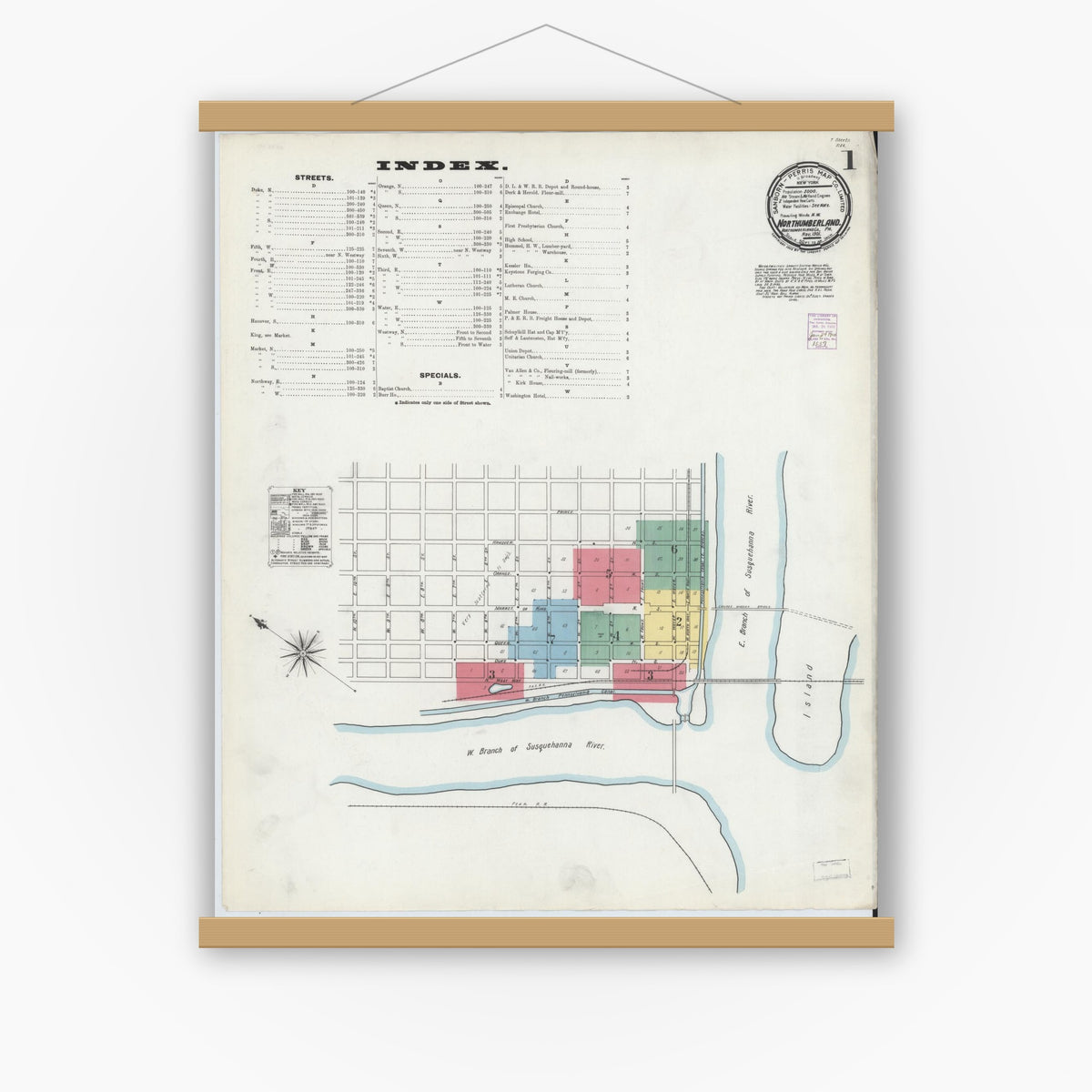 Old map wall art mockup — magnetic wood frame on white wall — Sanborn Fire Insurance Map from Northumberland, Northumberland County, Pennsylvania (1901) - Complete Map Set