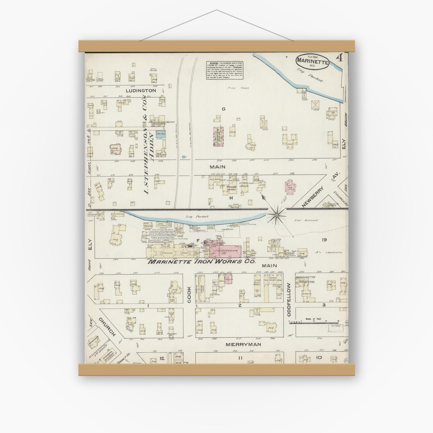 Old map wall art mockup — magnetic wood frame on white wall — Sanborn Fire Insurance Map from Marinette, Marinette County, Wisconsin (1884), Sheet #0004