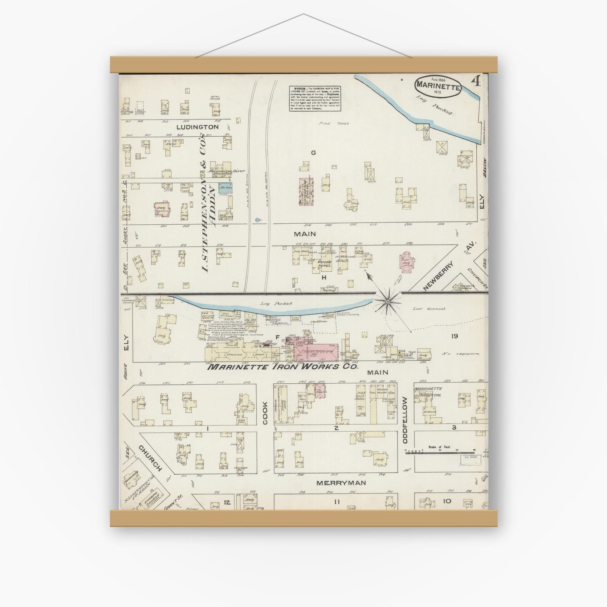 Old map wall art mockup — magnetic wood frame on white wall — Sanborn Fire Insurance Map from Marinette, Marinette County, Wisconsin (1884), Sheet #0004