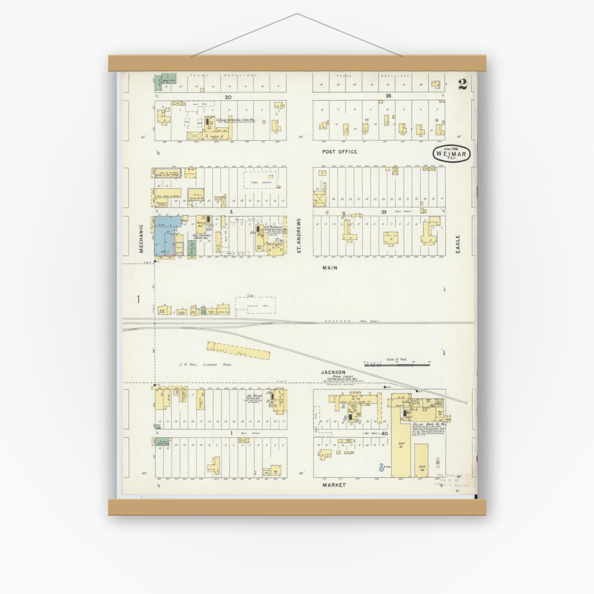 Old map wall art mockup — magnetic wood frame on white wall — Sanborn Fire Insurance Map from Weimar, Colorado County, Texas (1896), Sheet #0002