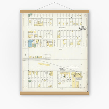 Old map wall art mockup — magnetic wood frame on white wall — Sanborn Fire Insurance Map from Weimar, Colorado County, Texas (1896), Sheet #0002