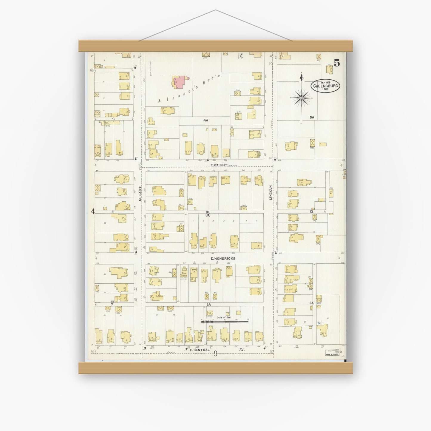 Old map wall art mockup — magnetic wood frame on white wall — Sanborn Fire Insurance Map from Greensburg, Decatur County, Indiana (1906), Sheet #0005