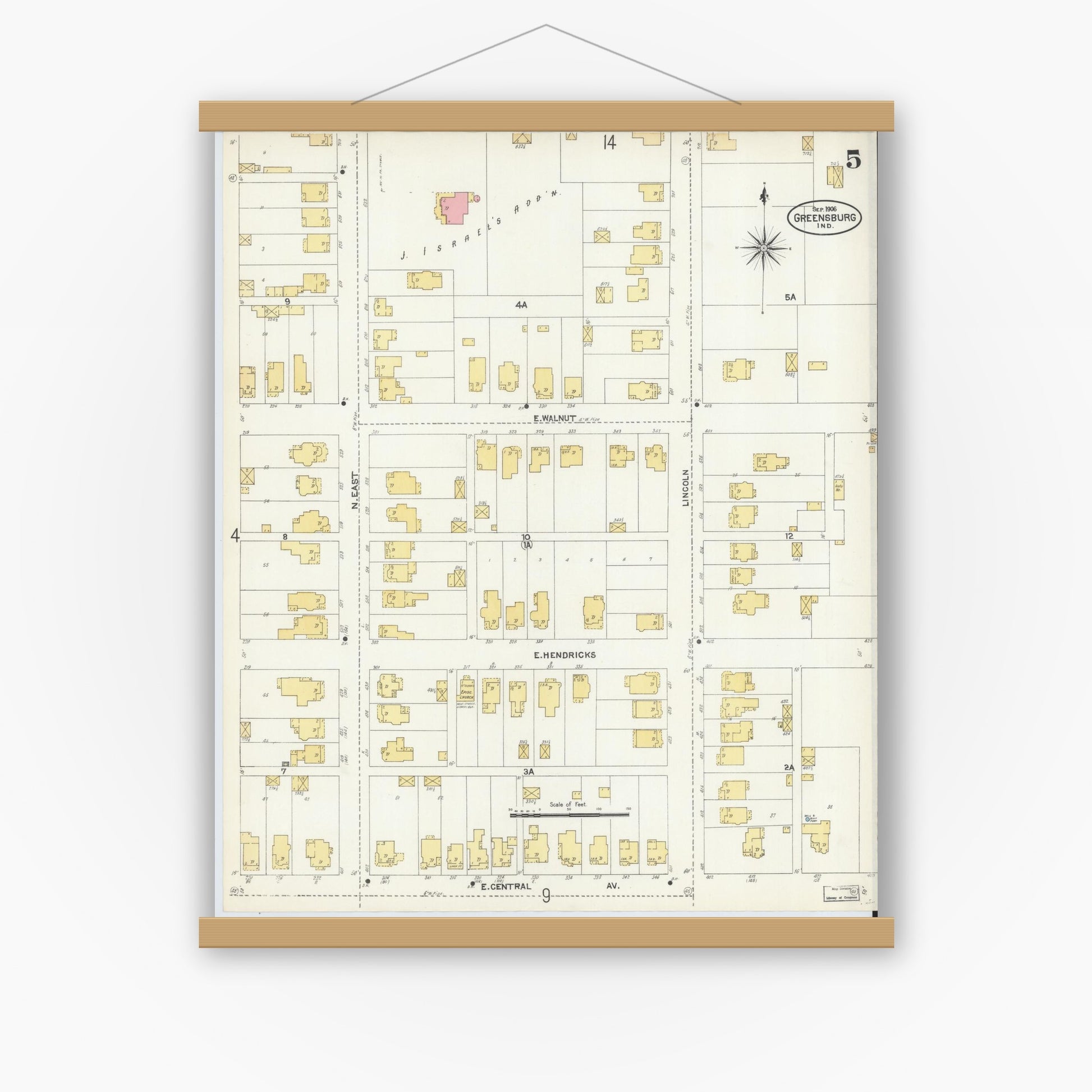 Old map wall art mockup — magnetic wood frame on white wall — Sanborn Fire Insurance Map from Greensburg, Decatur County, Indiana (1906), Sheet #0005
