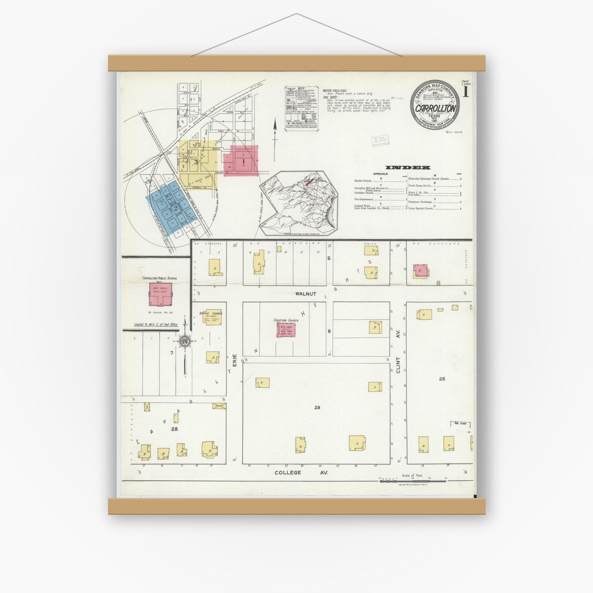 Old map wall art mockup — magnetic wood frame on white wall — Sanborn Fire Insurance Map from Carrollton, Dallas County, Texas (1921) - Complete Map Set