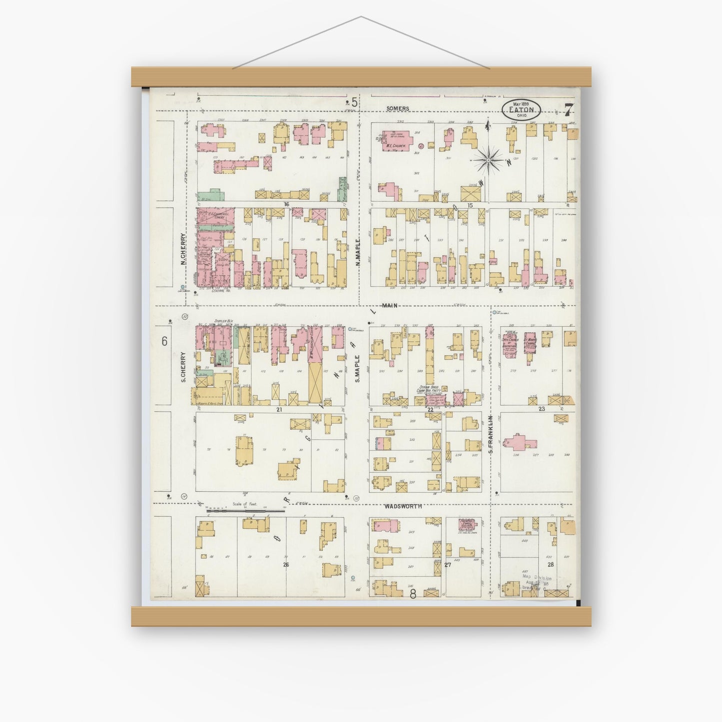 Old map wall art mockup — magnetic wood frame on white wall — Sanborn Fire Insurance Map from Eaton, Preble County, Ohio (1899), Sheet #0007
