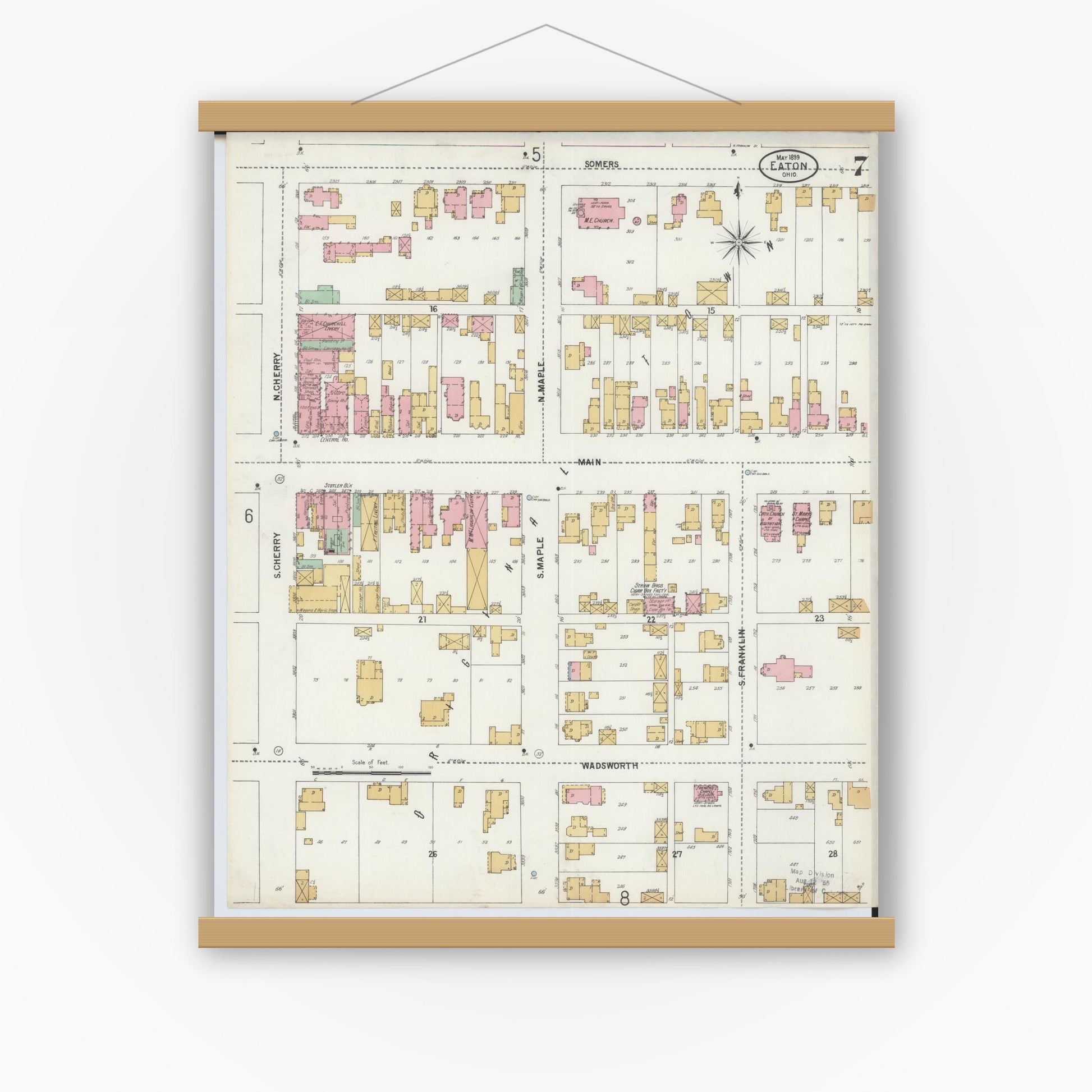 Old map wall art mockup — magnetic wood frame on white wall — Sanborn Fire Insurance Map from Eaton, Preble County, Ohio (1899), Sheet #0007