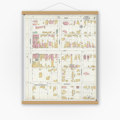 Old map wall art mockup — magnetic wood frame on white wall — Sanborn Fire Insurance Map from Eaton, Preble County, Ohio (1899), Sheet #0007