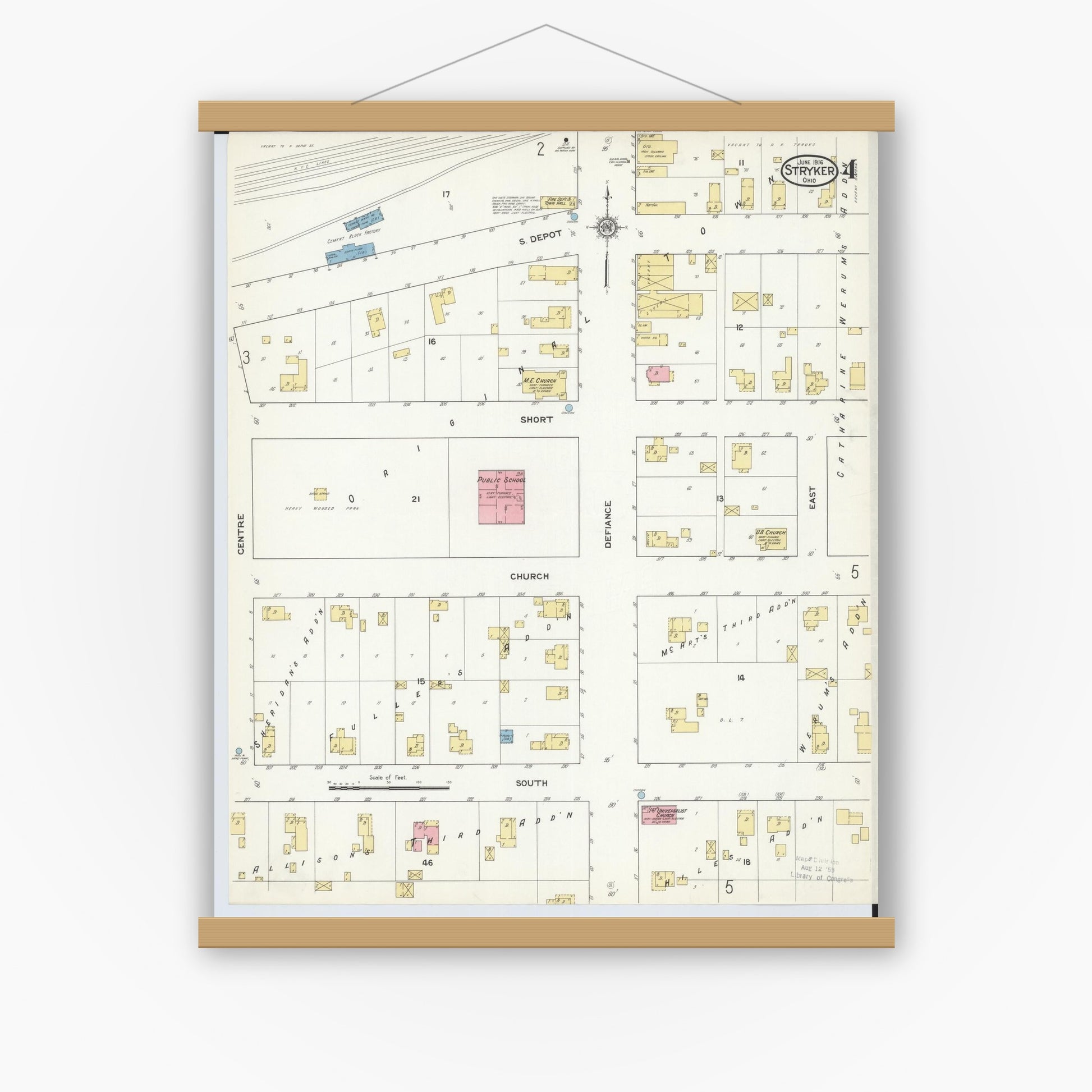 Old map wall art mockup — magnetic wood frame on white wall — Sanborn Fire Insurance Map from Stryker, Williams County, Ohio (1916), Sheet #0004