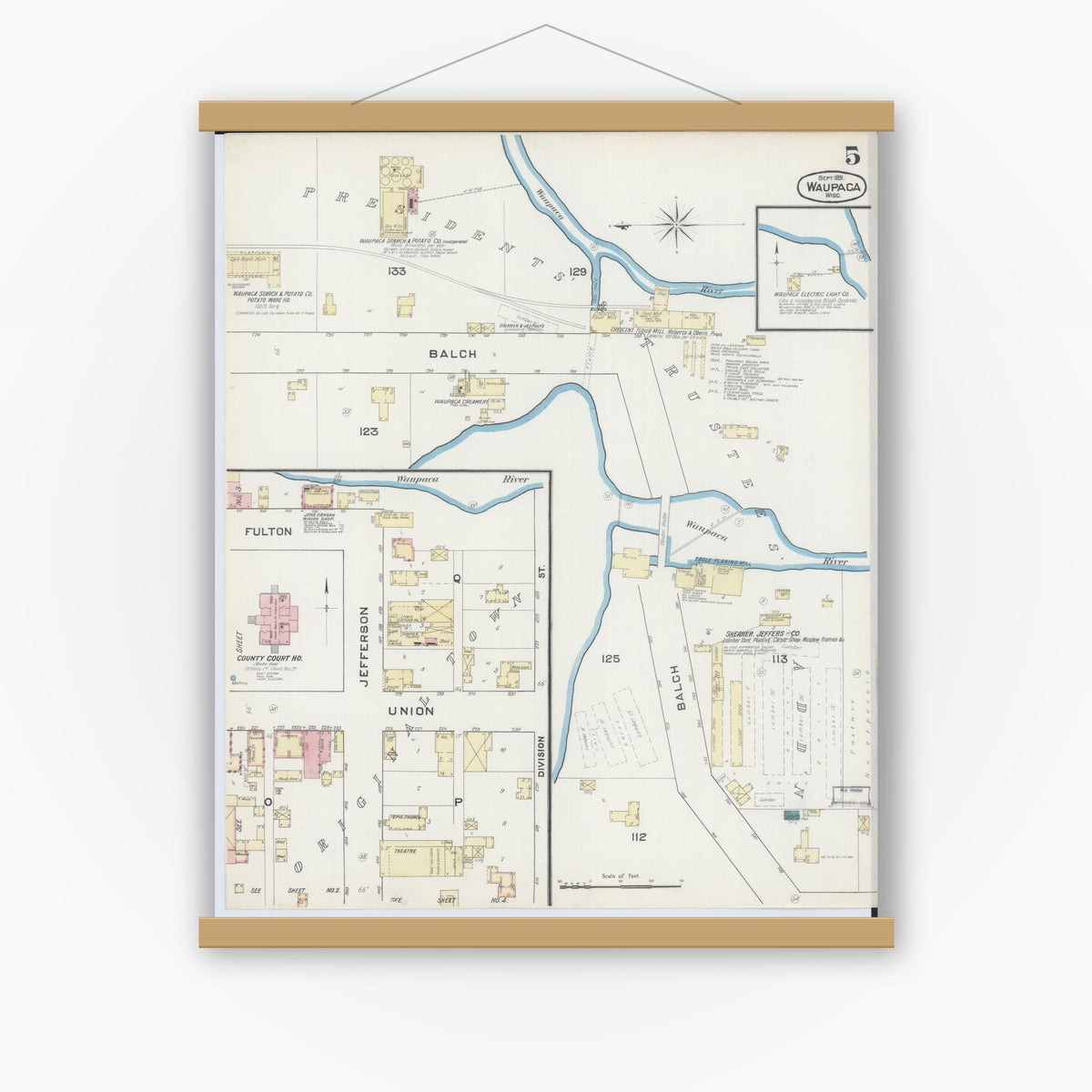 Old map wall art mockup — magnetic wood frame on white wall — Sanborn Fire Insurance Map from Waupaca, Waupaca County, Wisconsin (1891), Sheet #0005