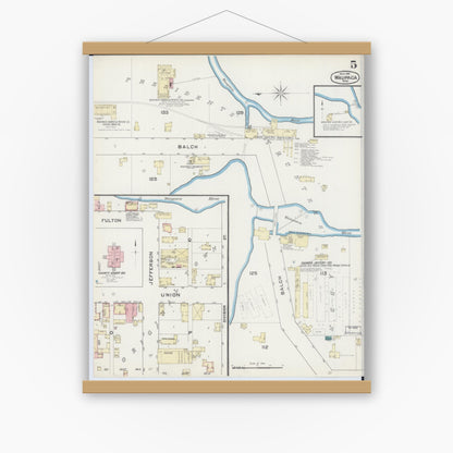 Old map wall art mockup — magnetic wood frame on white wall — Sanborn Fire Insurance Map from Waupaca, Waupaca County, Wisconsin (1891), Sheet #0005