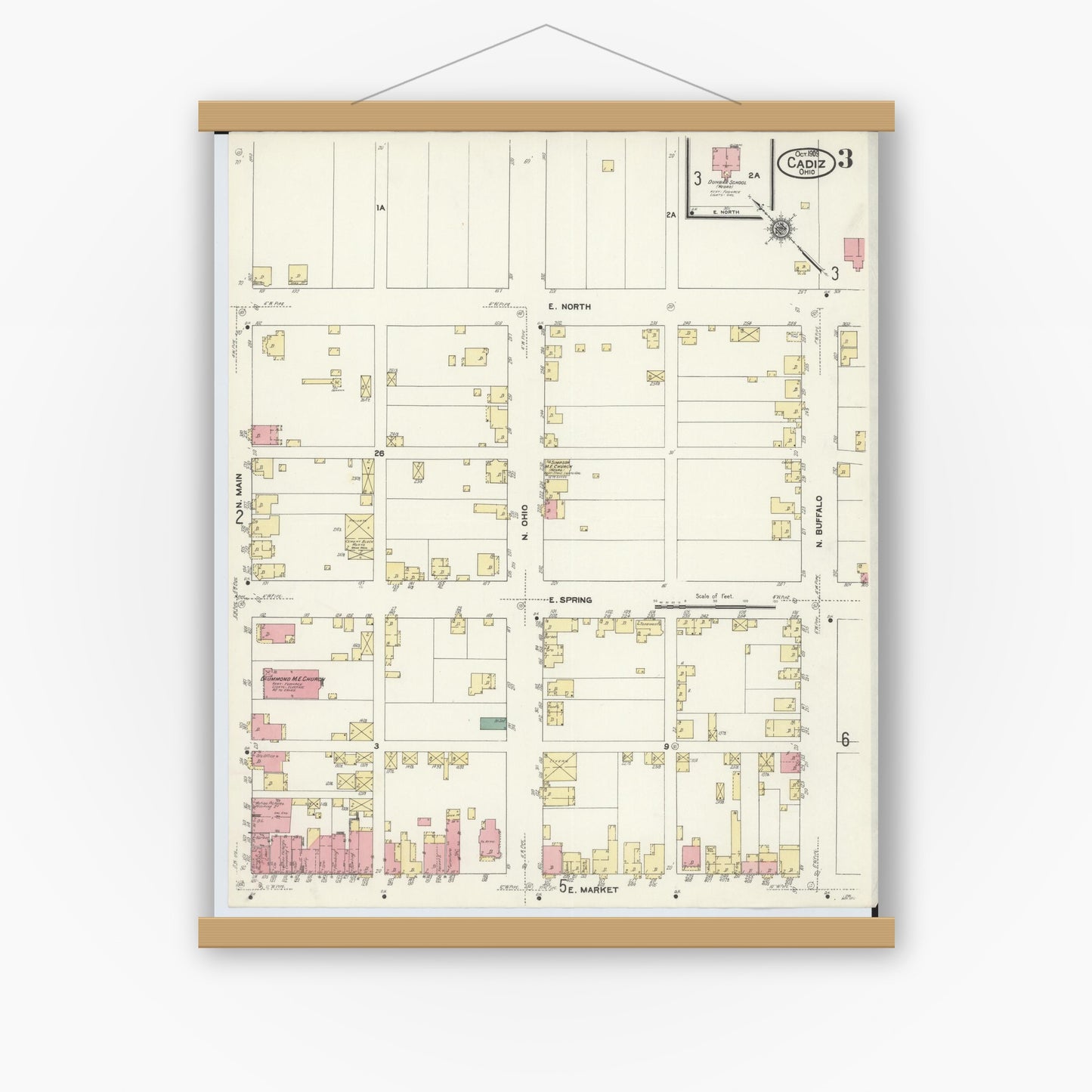 Old map wall art mockup — magnetic wood frame on white wall — Sanborn Fire Insurance Map from Cadiz, Harrison County, Ohio (1909), Sheet #0003