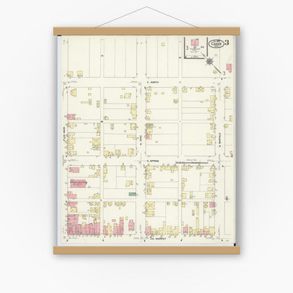 Old map wall art mockup — magnetic wood frame on white wall — Sanborn Fire Insurance Map from Cadiz, Harrison County, Ohio (1909), Sheet #0003
